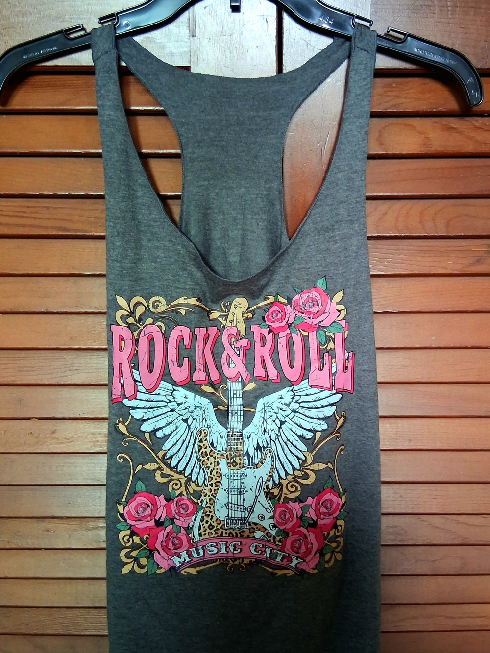 Women's Gray Rock & Roll Graphic Tank with Pink Rose Accents